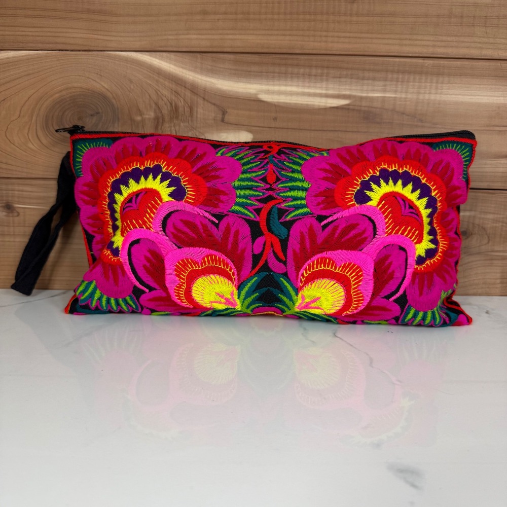Embroidered Floral Clutch Wristlet in Vibrant Pink